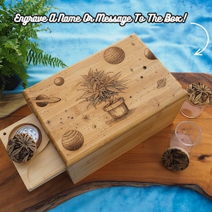 Kit de caja de almacenamiento de tabaco personalizada, grabado de madera real, planta espacial, juego de regalo de caja de humo, molinillo a juego, bandeja y frasco