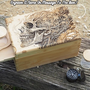 Spersonalizowany zestaw Rolling Stash Box, grawerunek z prawdziwego drewna, oddychająca czaszka, zestaw upominkowy Smoke Box, pasujący młynek, tacka i słoik