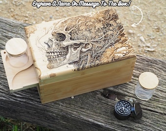 Personalised Custom Rolling Stash Box Kit, Real Wood Engraving, breathing Skull, Smoke Box Gift Set, Matching Grinder, Tray, And Jar