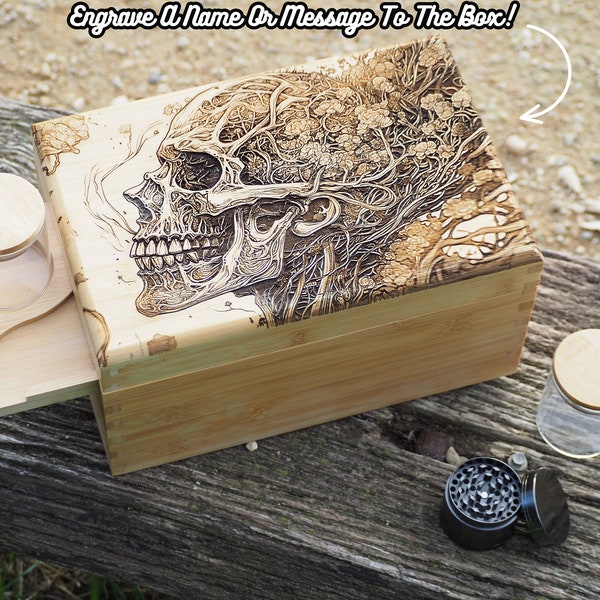 Personalised Custom Rolling Stash Box Kit, Real Wood Engraving, breathing Skull, Smoke Box Gift Set, Matching Grinder, Tray, And Jar