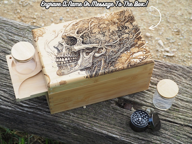Personalised Custom Rolling Stash Box Kit, Real Wood Engraving, breathing Skull, Smoke Box Gift Set, Matching Grinder, Tray, And Jar image 1
