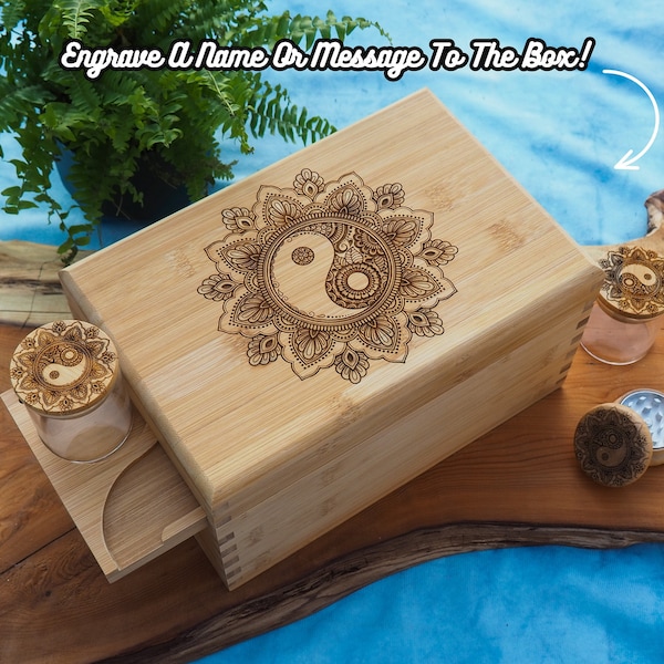 Personalised Custom Rolling Stash Box Kit, Real Wood Engraving, Yin And Yang, Smoke Box Gift Set, Matching Grinder, Tray, And Jar