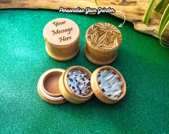 Herb Grinder, 3 Part, Hand Muller, Crusher, Metal Teeth, Wood Engraved, Custom Personalised Gift For All Occasions, Kief Chamber, Leafy