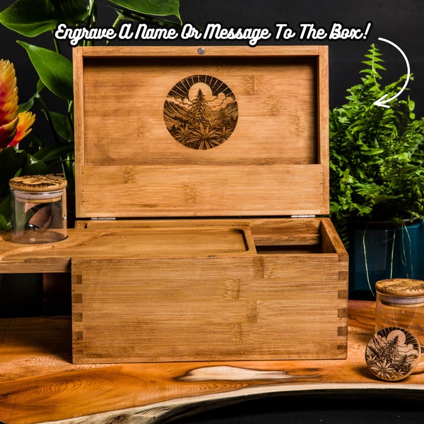 Personalised Custom Rolling Stash Box Kit, Real Wood Engraving, Night Bud, Smoke Box Gift Set, Matching Grinder, Tray And Jar