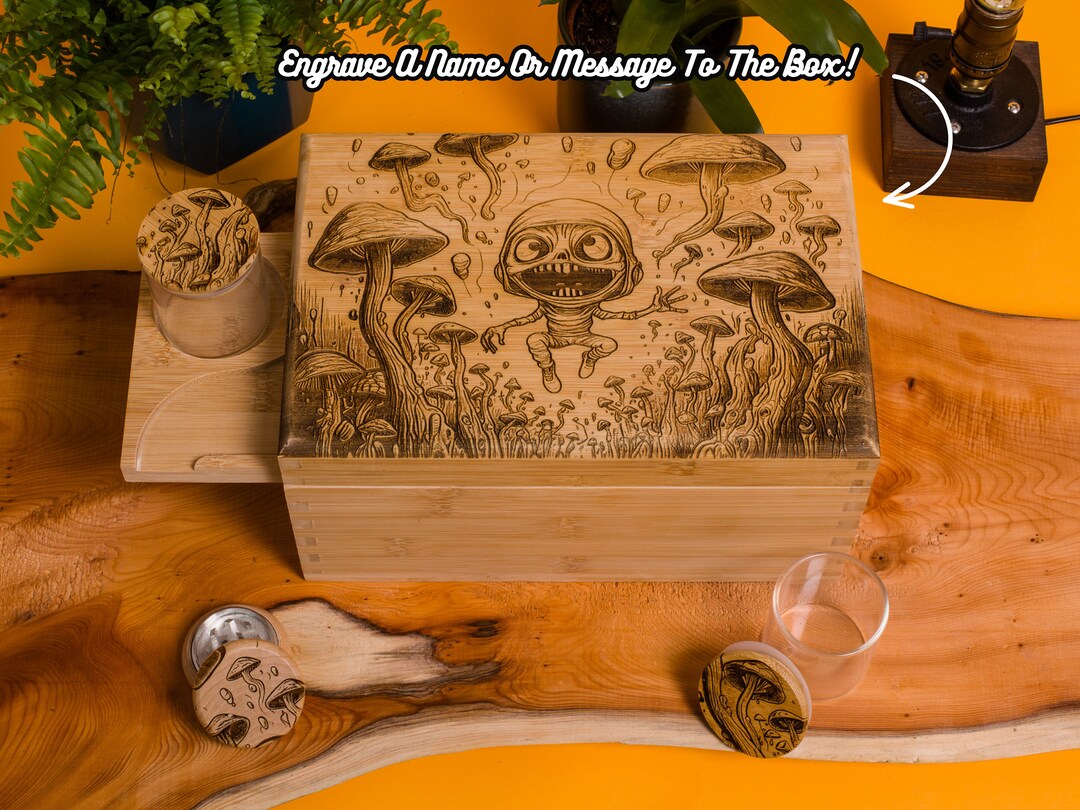 Custom Rolling Stash Smoke Box Kit Real Wood Engraving Flying Shroom