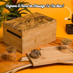 Personalisiertes Custom Rolling Smoke Stash Box Kit, Echtholzgravur, Blatt, Rauchbox-Geschenkset, passende Mühle, Tablett und Glas