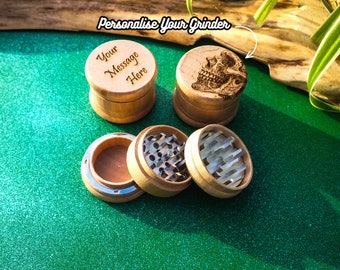 Herb Grinder, 3 Part, Hand Muller, Crusher, Wood Engraved, Custom Personalised Gift For All Occasions, Kief Chamber, Breath Skull