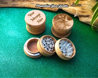 Herb Grinder, 3 Part, Hand Muller, Crusher, Wood Engraved, Custom Personalised Gift For All Occasions, Kief Chamber, Wizad Man