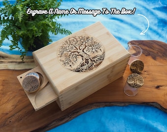 Kit personnalisé de boîte de rangement à roulettes personnalisée, gravure sur bois véritable, arbre de vie, coffret cadeau boîte à fumée, broyeur, plateau et bocal assortis