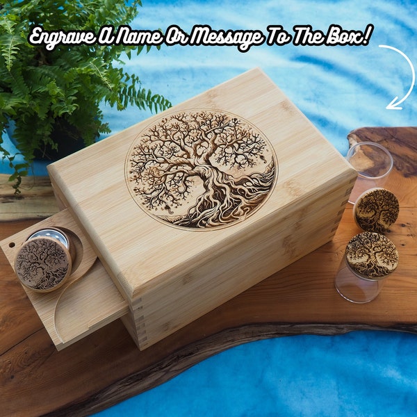 Personalised Custom Rolling Stash Box Kit, Real Wood Engraving, Tree Of Life, Smoke Box Gift Set, Matching Grinder, Tray, And Jar