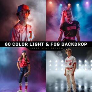 May include: Three people wearing baseball uniforms stand in front of a colorful light and fog backdrop. The backdrop is a mix of red, blue, and purple with white lights. The people are wearing red, white, and blue uniforms. The text "80 COLOR LIGHT & FOG BACKDROP" is at the bottom of the image.