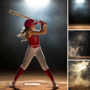 May include: A female baseball player in a red jersey with the number 7 on it, white pants, and a red baseball cap, swings a wooden bat. The player is standing on a baseball field with a dirt background. The image is taken in a low-light setting with a spotlight shining on the player.