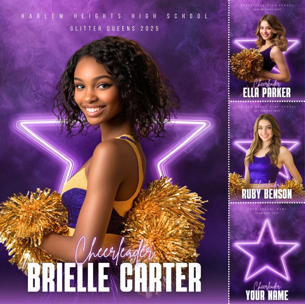Editable Cheerleader Canva Poster with Purple Lights, Cheer Dance Poster, Cheer Background, Cheer Backdrop Canva Poster, Purple Sport Poster
