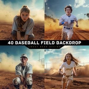 Puede incluir: Cuatro jugadores de béisbol en diferentes poses sobre un fondo de campo de béisbol. El fondo presenta un campo interior de tierra marrón, un campo exterior de hierba verde y una valla de cadena. Los jugadores llevan uniformes de béisbol y están en varias poses, incluyendo correr, agacharse y estar de pie.