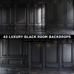 Op de afbeelding: 42 Luxe Zwarte Kamerachtergronden - Sweet Bear Design. Een set digitale achtergronden met zwarte muren met sierlijke gouden versieringen en marmeren vloeren.