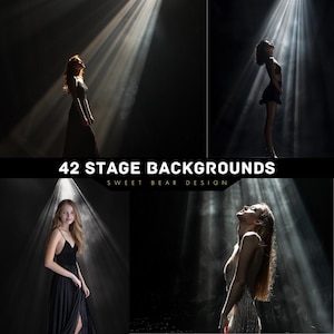 Puede incluir: Cuatro imágenes de una persona de pie en un foco de luz en un escenario oscuro. El texto "42 STAGE BACKGROUNDS SWEET BEAR DESIGN" se muestra en el centro de la imagen.