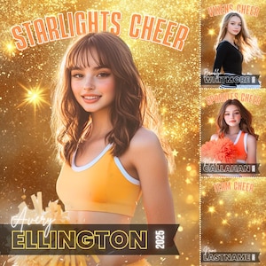 Affiche modifiable sur toile de pom-pom girl avec étoiles dorées, fond de danse Cheer, toile de fond Cheerleader, affiche Cheer, modèle Cheer, arrière-plan pour personnes âgées