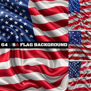 Puede incluir: Una imagen de fondo digital que presenta una bandera estadounidense ondeando en rojo, blanco y azul. La bandera está texturizada para parecer seda. El texto "64 USA FLAG BACKGROUND" está impreso en la parte inferior de la imagen.
