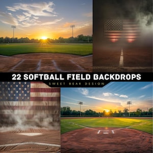 May include: 22 Softball Field Backdrops, a digital download product from Sweet Bear Design. The images feature a variety of softball field scenes, including a sunset over a field, a field with a flag, and a field with fog.