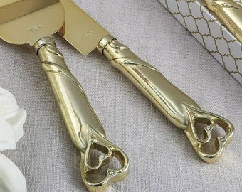 Personalized Engraved Gold Heart Theme Cake Server & Knife Set for Wedding, Anniversary, Party
