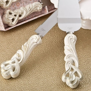 Engraved Vintage Double Heart Design Knife And Cake Server Set for Wedding, Anniversary