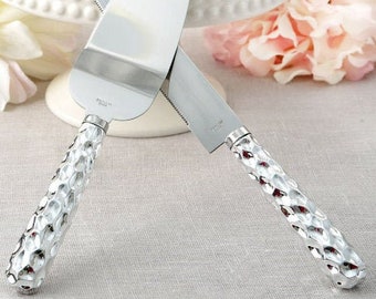 Personalized Hammered Design Engraved Silver Server & Knife Set for Wedding, Anniversary, Party