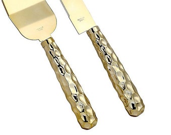 Personalized Hammered Design Engraved Gold Server & Knife Set for Wedding, Anniversary, Party
