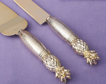 Gold Pineapple Tropical Engraved Server & Knife Set for Wedding, Anniversary, Party