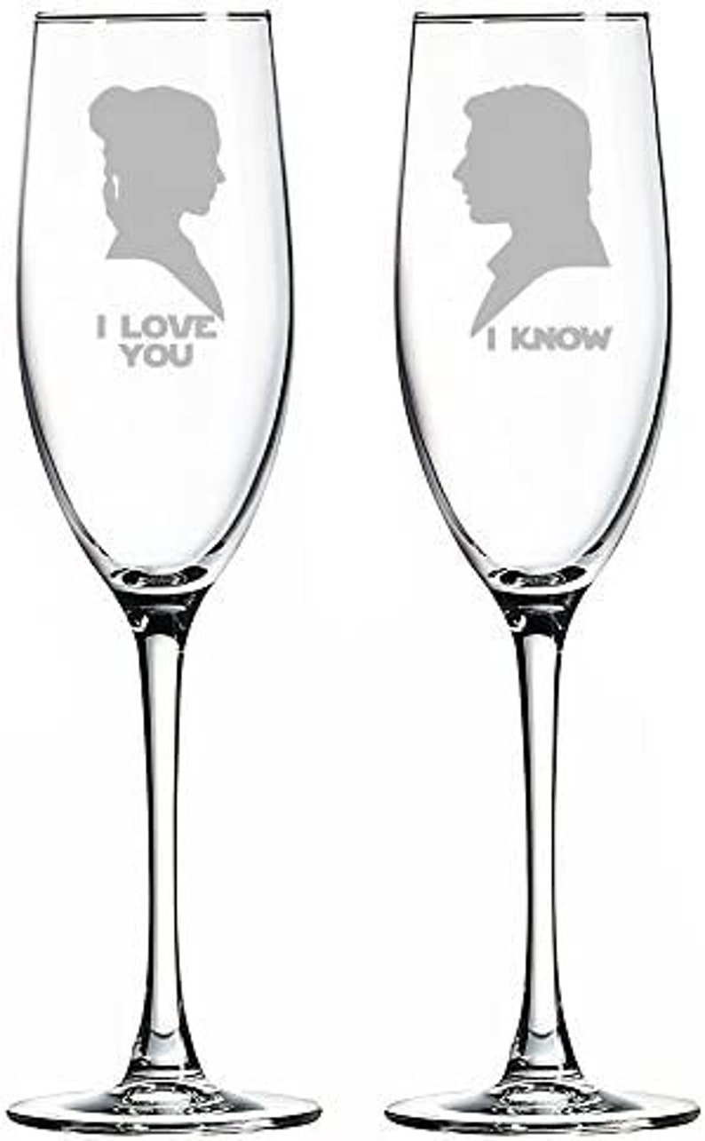 Star Wars Theme I LOVE YOU and I KNOW Wedding Champagne Toasting Glasses Flutes image 2