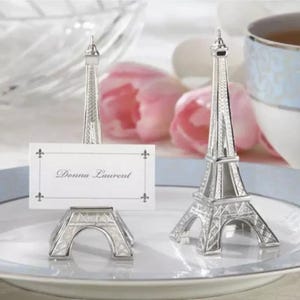 Porta-cartão de lugar e cartão de lugar com acabamento prateado Torre Eiffel - Pacote com 1