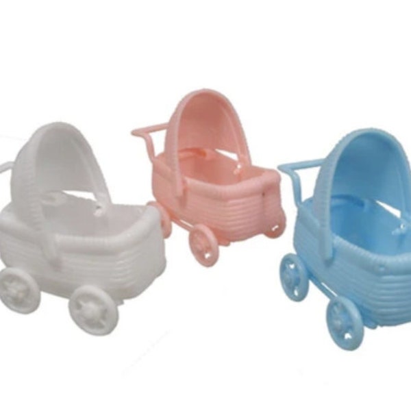 12 Pieces Plastic Baby Buggy Stroller Favor Favors - Blue or White or Pink