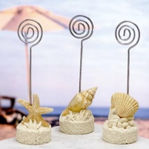 Portatarjetas para boda de destino con temática de conchas de playa y conchas marinas