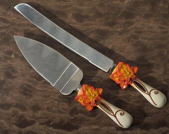 Custom Personalized Fall Autumn Leaf Theme Wedding Cake Knife & Server Set