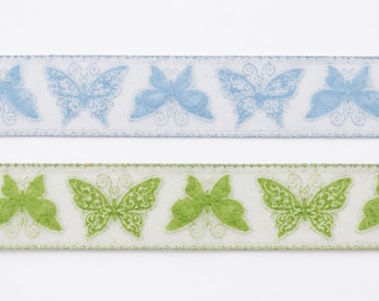 Apple Green or Baby Blue - Iridescent Accented & Glitter Sparkle Butterfly Wired Edge Ribbon 1.5" x 20 Yard Spool