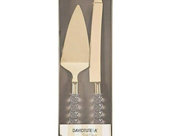 Faceted Crystalline Crystal Handle Cake Knife & Server Set - Available with Silver or Gold Blades - Free Personalization!