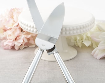 Personalized Simple Elegance Smooth Metallic Silver Server & Knife Set for Wedding, Anniversary, Party