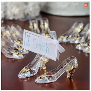 Pkg 24 Clear & Gold Plastic Cinderella Slipper Shoe Princess Theme Wedding Quinceañera Place Card Holders