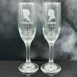 Star Wars Theme I LOVE YOU and I KNOW Wedding Champagne Toasting Glasses Flutes image 3