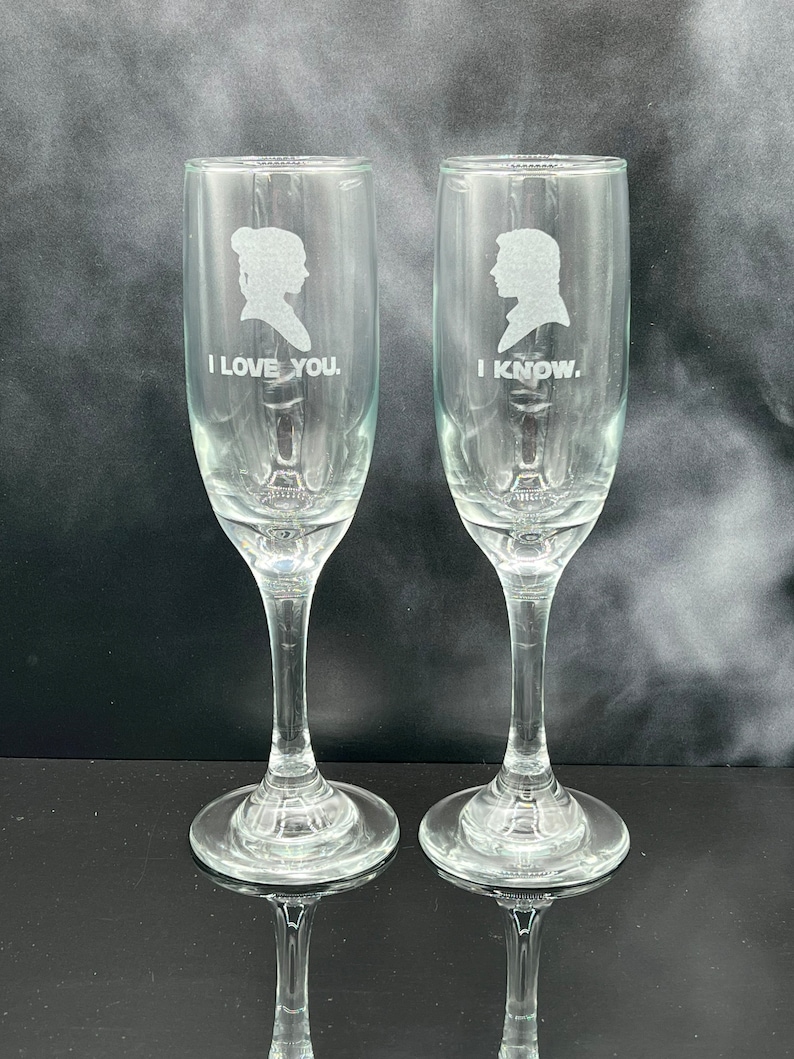 Star Wars Theme I LOVE YOU and I KNOW Wedding Champagne Toasting Glasses Flutes image 3