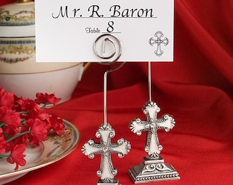 Resin Cross Silver & Rhinestone Wedding Baptism Christening Religious Place Card Holder and Place Card
