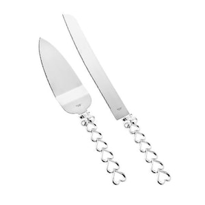 Personalized Engraved Heart to Heart Stacked Hearts Silver Stainless Steel Server & Knife Set for Wedding, Anniversary, Party