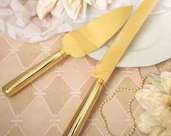 Personalized Simple Elegance Smooth Metallic Gold Server & Knife Set for Wedding, Anniversary, Party