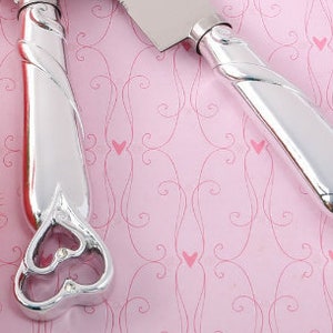 Personalized Engraved Silver Heart Theme Cake Server & Knife Set for Wedding, Anniversary, Party