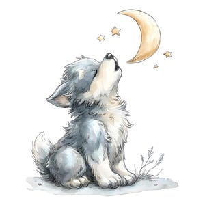 May include: Watercolor illustration of a gray and white wolf pup looking up at a crescent moon and three stars. The pup is sitting on a patch of grass, with a white background.