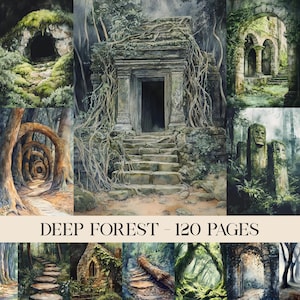 Páginas de bosques profundos, imágenes de bosques, acuarela, paisajes naturales, álbumes de recortes, diario basura, imágenes imprimibles, papel digital, papel para decoupage