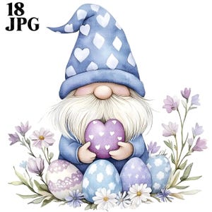 May include: A blue gnome with a white beard holds a purple heart-shaped object. The gnome is wearing a blue hat with white hearts and diamonds. The gnome is surrounded by purple and blue Easter eggs and flowers.