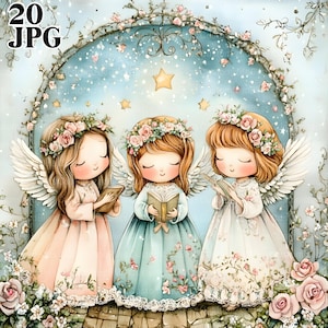 Shabby Chic Singing Angels Clip Art, 20 JPG ad acquerello ad alta risoluzione per Junk Journaling, Scrapbooking, creazione di biglietti, kit di download digitale, coro