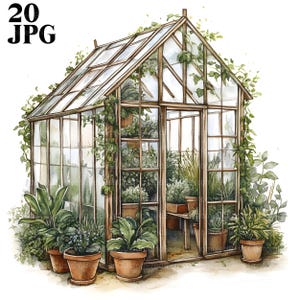 20 Greenhouse Clipart, Plant Clipart, Garden Clipart, High Quality JPGs, Watercolor Clipart, Junk Journal, Digital Download, Paper Craft