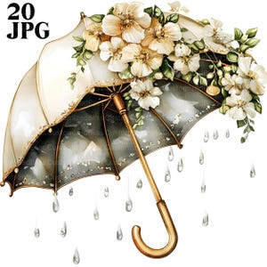Paquete de imágenes prediseñadas de paraguas blancos con flores, 20 archivos JPG de acuarela de alta calidad, primavera, manualidades de papel, diario, álbumes de recortes, descarga digital
