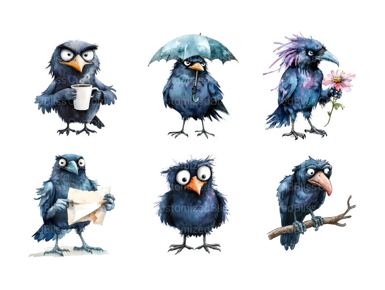 May include: Six watercolor illustrations of blue birds with different expressions. One bird is holding a cup of coffee, another is holding an umbrella, another is holding a flower, another is reading a newspaper, another is looking at the viewer, and another is perched on a branch.